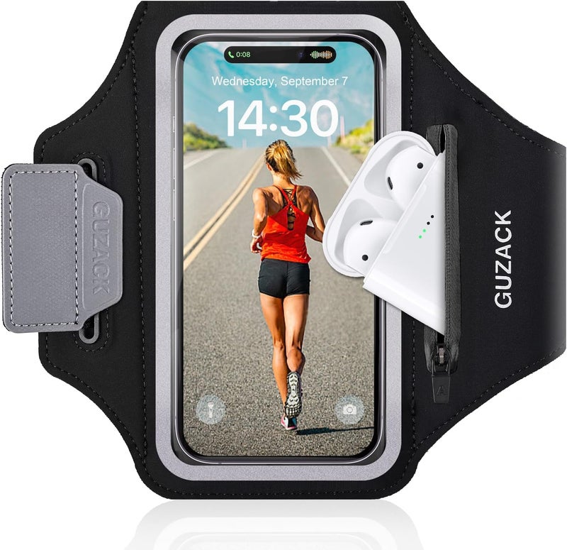 Guzack Running Phone Holder with Zipper Pouch, Running Armband for iPhone 17/16/15/14/13/12/11 Pro Max/Plus, Galaxy S25/S24/S23/S22, Cell Phone Arm Holder with Card Slot - Size S - Image 1